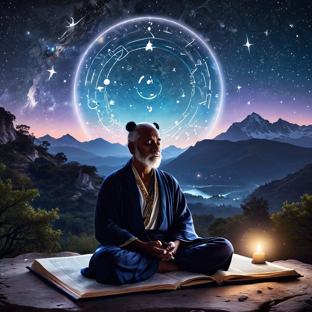 A serene night sky filled with twinkling stars, overlaid with celestial symbols and constellations, showcasing an illuminated figure of a Panditji meditating with an open book of astrology in front of him. Soft glowing orbs of light surround him, representing spiritual energy and guidance. The background features a silhouette of distant mountains under the starry sky. mystical and ethereal atmosphere. vibrant colors. super-realistic.