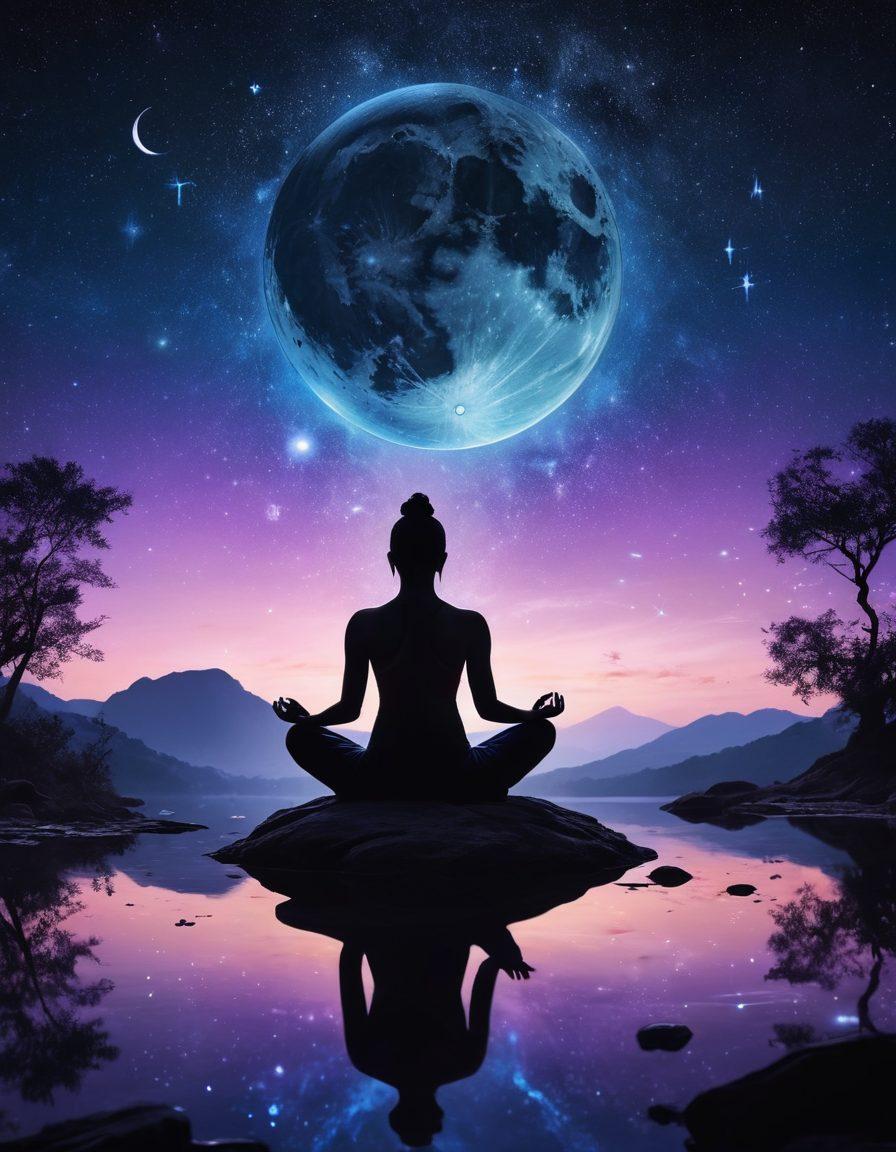 A mystical night sky filled with twinkling stars and celestial bodies, featuring a silhouette of a person meditating under a full moon, surrounded by subtle astrological symbols intertwining in the air. Incorporate elements of ritual tools like crystals and incense in soft focus around the figure, creating a serene and introspective atmosphere. Ensure the colors are deep blues and purples, reflecting a tranquil yet enchanting vibe. super-realistic. vibrant colors. mystical atmosphere.